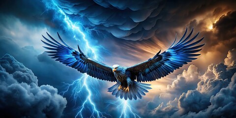 Majestic Blue Eagle Soaring Through Celestial Storm - Stock Photo