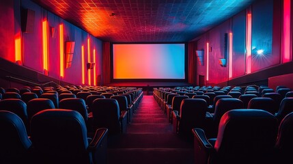 Empty movie theater with vibrant lighting and large screen.