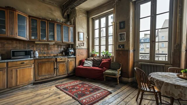Cozy and rustic kitchen interior in a Parisian apartment showcasing vintage charm and warm ambiance in daylight