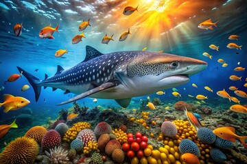 Fototapeta premium Majestic Whale Shark in Vibrant Coral Reef - Underwater Wildlife Stock Photo