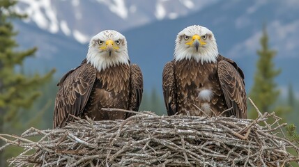 Two bald eagles perched side-by-side in a large nest, mountains in the background.