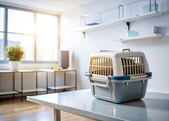 Minimalist Vet Visit: Pet Carrier, Calm Pet, Modern Clinic