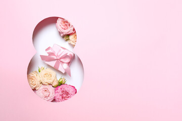 8 March greeting card design with flowers and gift box, top view. Happy International Women's Day