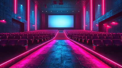 Empty neon-lit cinema auditorium with large screen.