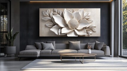 Flower sculpture on wall, couch, and table in modern room, window view