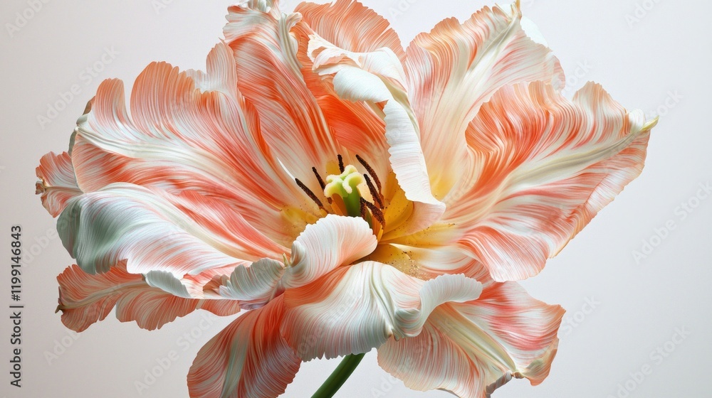 Poster set against a neutral backdrop, a stunning tulip captures the eye with its intricate soft petals and