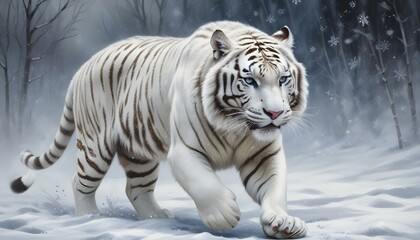Obraz premium Un tigre blanco caminando sobre la nieve, su pelaje cubierto de copos de nieve, con una expresión feroz e intensa en su rostro