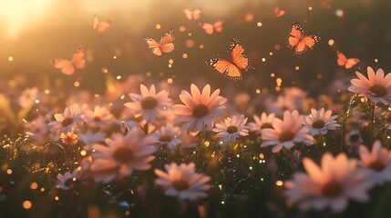 Obraz premium A serene meadow of pink daisies under the soft light of dusk with butterflies creating a dreamy atmosphere