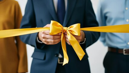 Closeup of a man in formal attire holding a yellow ribbon tied in a bow at an official event, with blurred individuals in the background