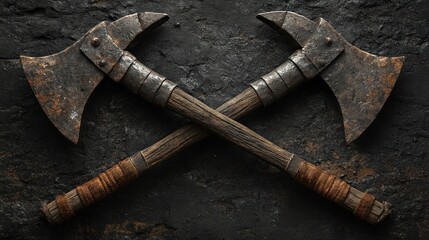 Two crossed rusty medieval axes on dark stone.