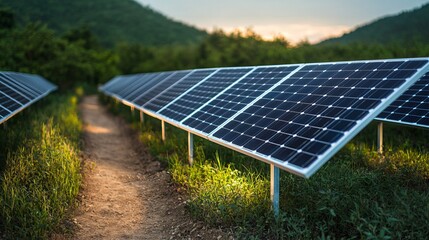 A serene solar farm at sunset, featuring rows of solar panels amidst lush greenery and a winding dirt path leading through the landscape.
