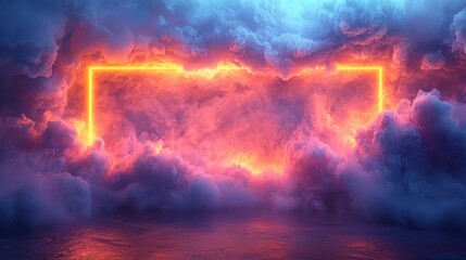 Glowing neon frame in dramatic cloudscape over water.