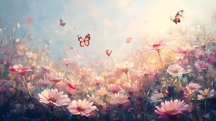 A serene field of pink daisies glowing under the soft embrace of warm sunlight with delicate butterflies soaring