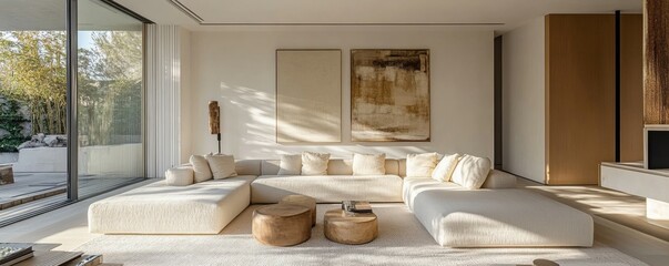Modern minimalist living room with beige sofa and abstract art.