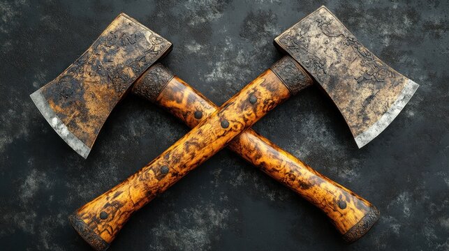 Two crossed vintage axes with aged wooden handles on dark background.