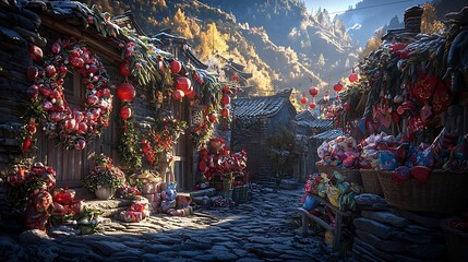 Obraz premium A serene courtyard in an old Chinese village, adorned with red lanterns and Lunar New Year decorations, with warm light reflecting off stone walls