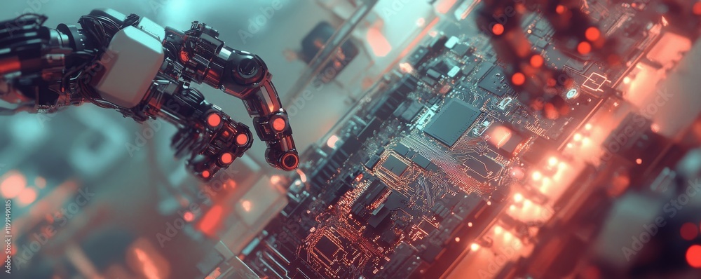 Poster robotic arms operating on circuit board in futuristic laboratory setting.