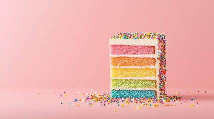 A vibrant, multi-layered cake with colorful frosting and sprinkles against a soft pink background.