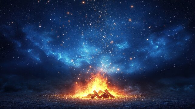 Abstract glowing sparks floating upward from a bonfire under a vast indigo sky filled with dense constellations. 32k