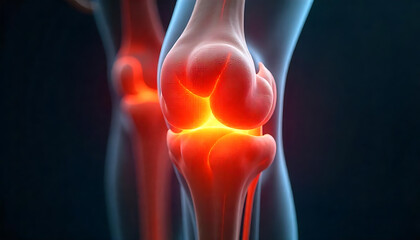 Naklejka premium Human Knee Joint Anatomy with Highlighted Ligaments and Tendons, painful knee joint highlighted, kneecap, X-Ray Image Highlighting Knee Joint Pain, sports injury, created with generative ai