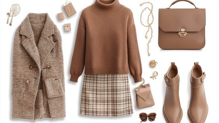 Exploring the charm of winter fashion with a stylish ensemble featuring a chic brown sweater, tailored plaid skirt, and elegant accessories. Perfect for a day of shopping or a casual outing
