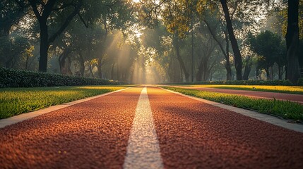 Quiet outdoor track with red lanes, bordered by fresh green grass and scattered trees, soft morning light enhancing the tranquil scene.