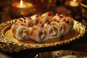 Fototapeta premium Sushi rolls with Middle Eastern flavors, garnished with pomegranate seeds and served on a golden platter -