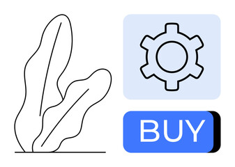 Abstract black line plant, gray settings gear in blue square, and blue BUY button convey ecommerce and functionality. Ideal for tech interfaces, shopping sites, digital shopping guides, user