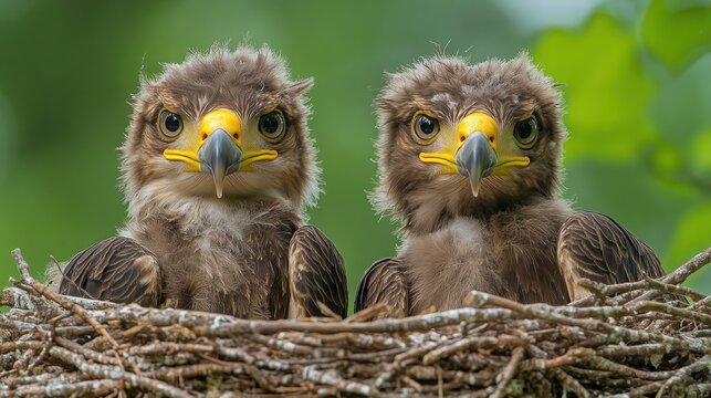 Two eagle chicks in nest, looking directly at camera.