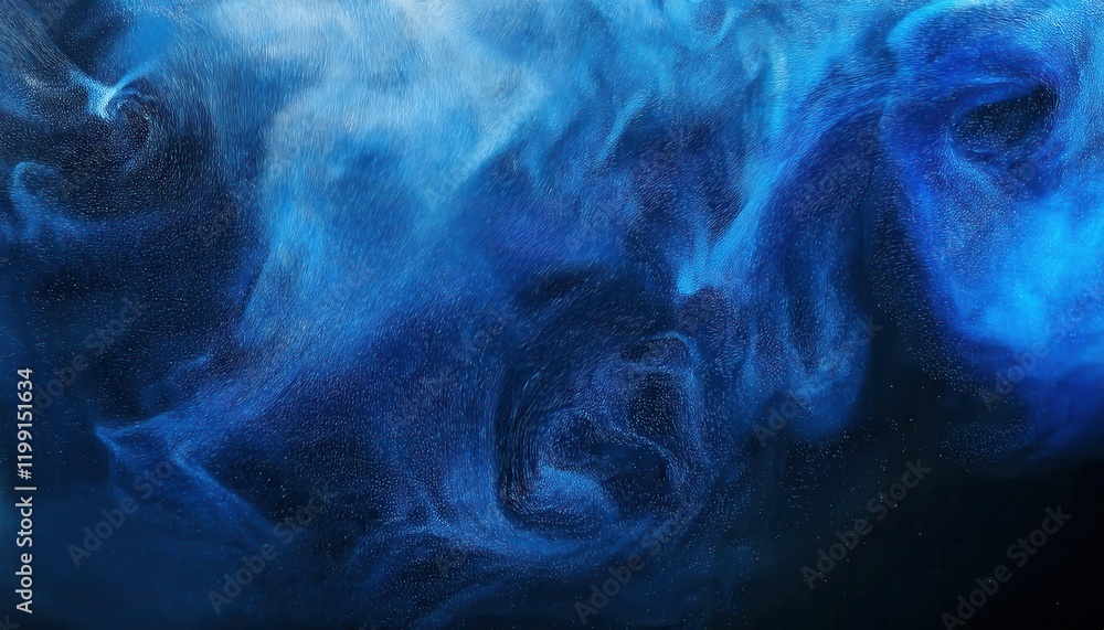 Poster ethereal swirls of deep blue abstract texture with shimmering light details, ideal for artistic back