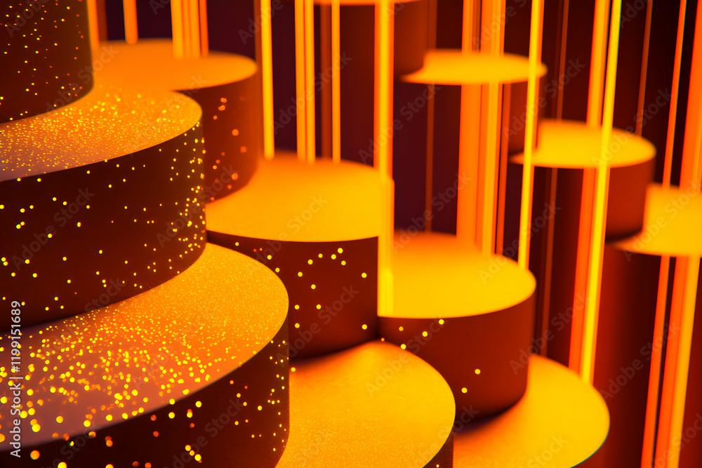 Poster abstract orange and brown textured cylindrical forms illuminated with warm light, creating a visuall