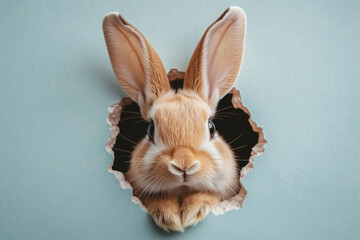 Obraz premium Cute bunny peeking through a torn hole in a blue wall