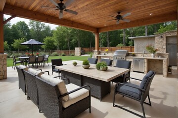 Contemporary outdoor kitchen with stylish seating and modern appliances