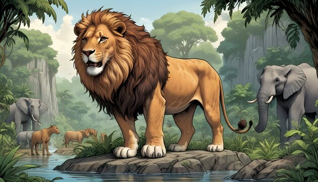 Un majestuoso le&oacute;n macho con una melena llena parado sobre una roca en un ambiente de selva tropical exuberante. Al fondo se ve una jirafa junto con otros animales salvajes, como elefantes
