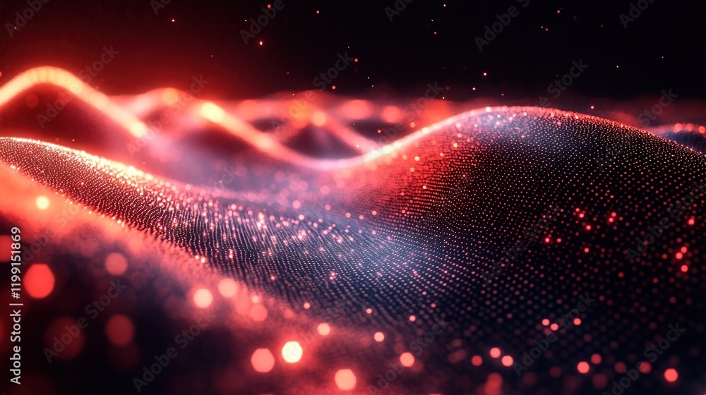 Poster red particle wave flowing in dark digital space