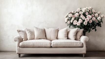 A large arrangement of roses in earthy tones placed on a minimalistic beige sofa.