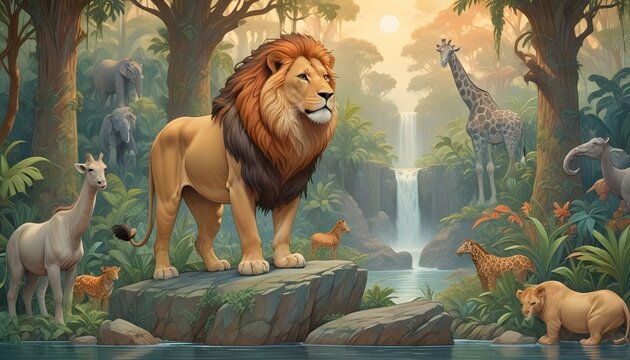 Un majestuoso le&oacute;n macho con una melena llena parado sobre una roca en un ambiente de selva tropical exuberante. Al fondo se ve una jirafa junto con otros animales salvajes, como elefantes