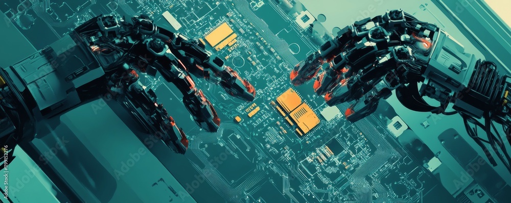 Aufkleber robotic arms operating on circuit board in futuristic laboratory setting.