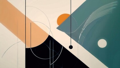 abstract geometric art with minimalist orange, teal, and black elements, showcasing circles, lines, and angular forms for modern decor

