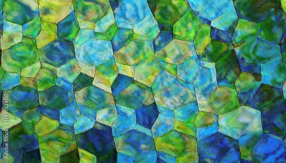 Poster abstract hexagonal green and blue pattern with textured brushstrokes, geometric background for moder