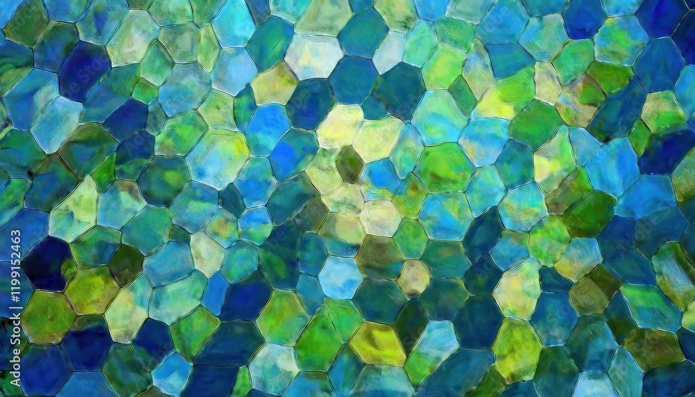 Poster abstract hexagonal green and blue pattern with textured brushstrokes, geometric background for modern decor or digital graphic design

