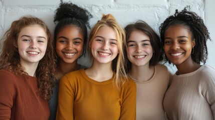 Fototapeta premium A cheerful group of young girls, dressed in casual clothes, beams with joy as they pose together, their laughter contagious.