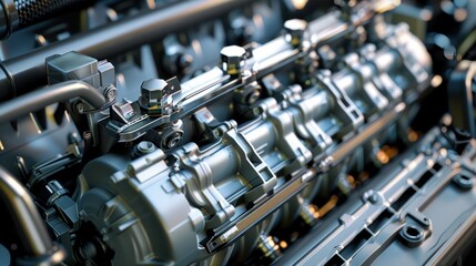 A detailed view of a car engine, showcasing fuel injectors, cylinder heads, and valve covers, with smooth transitions and realistic lighting highlighting the textures