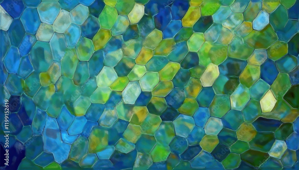 Poster abstract hexagonal green and blue pattern with textured brushstrokes, geometric background for modern decor or digital graphic design

