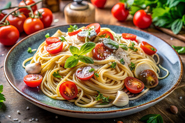 A vibrant plate of spaghetti served with fresh vegetables, cherry tomatoes, mushrooms, and a sprinkle of grated parmesan cheese. Perfect for healthy lifestyle visuals and culinary project