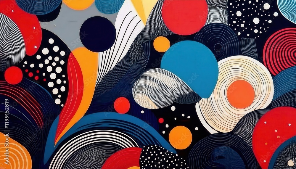 Aufkleber vivid abstract composition with flowing lines, bold red and orange curves, dynamic wave shapes, and cosmic dots on a dark backdrop

