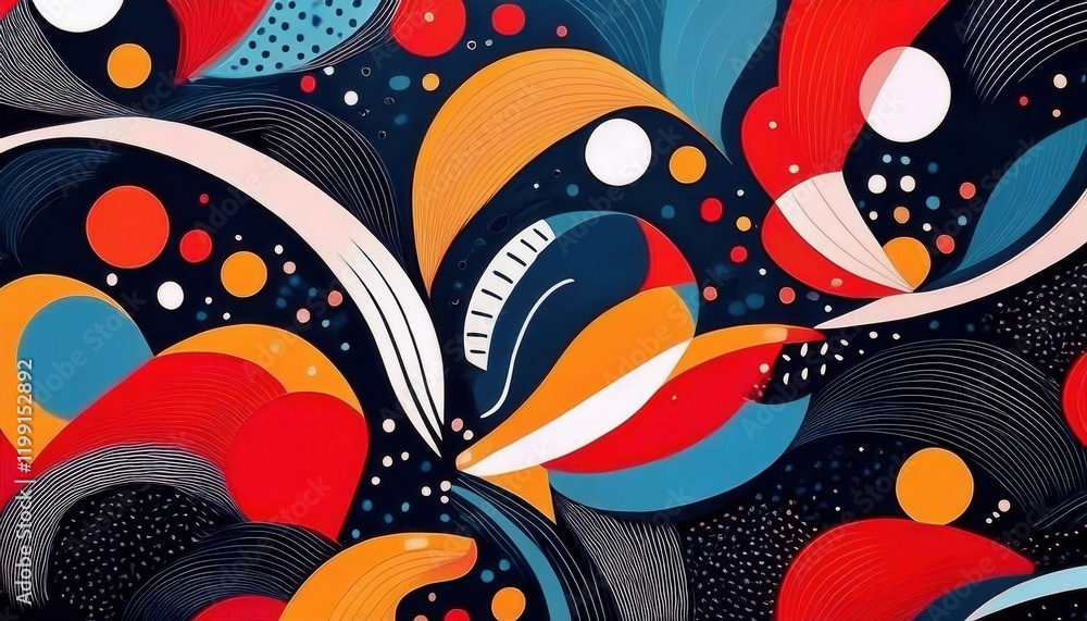 Poster vivid abstract composition with flowing lines, bold red and orange curves, dynamic wave shapes, and cosmic dots on a dark backdrop

