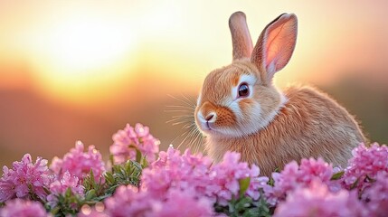 Fototapeta premium Bunny among pink flowers at sunset nature scene