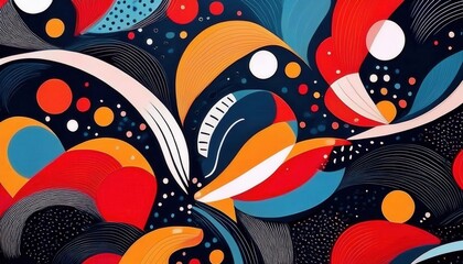 vivid abstract composition with flowing lines, bold red and orange curves, dynamic wave shapes, and cosmic dots on a dark backdrop

