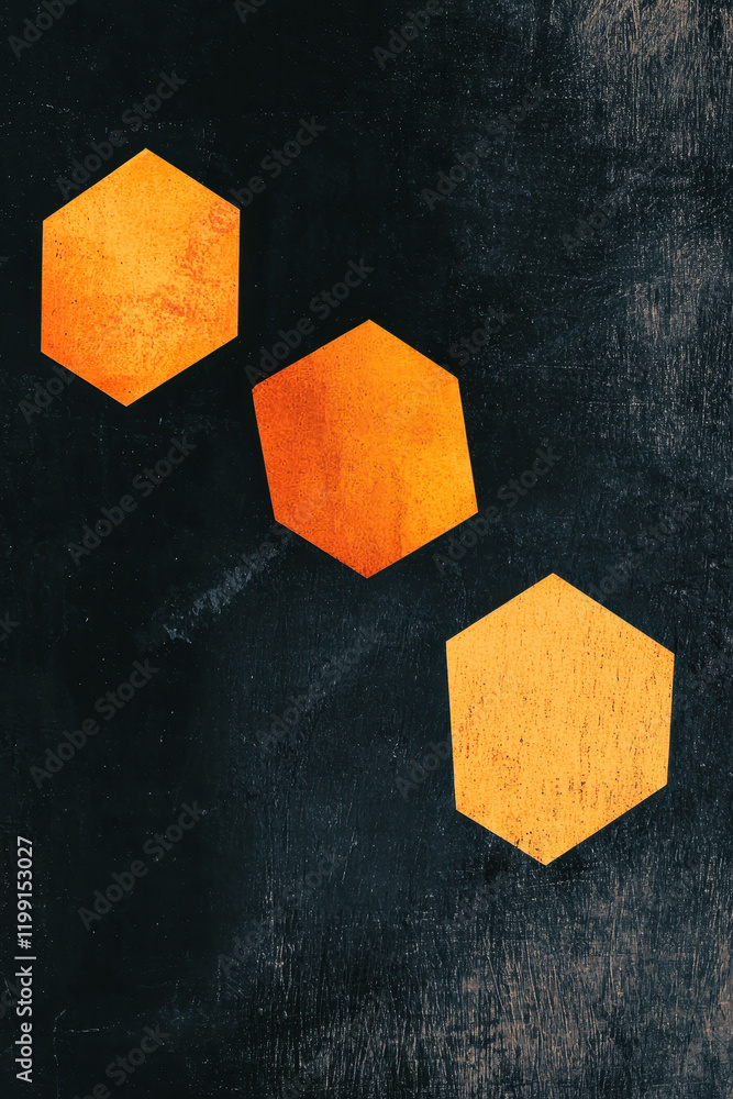Aufkleber abstract hexagonal design with vibrant orange geometric shapes on dark textured background for moder